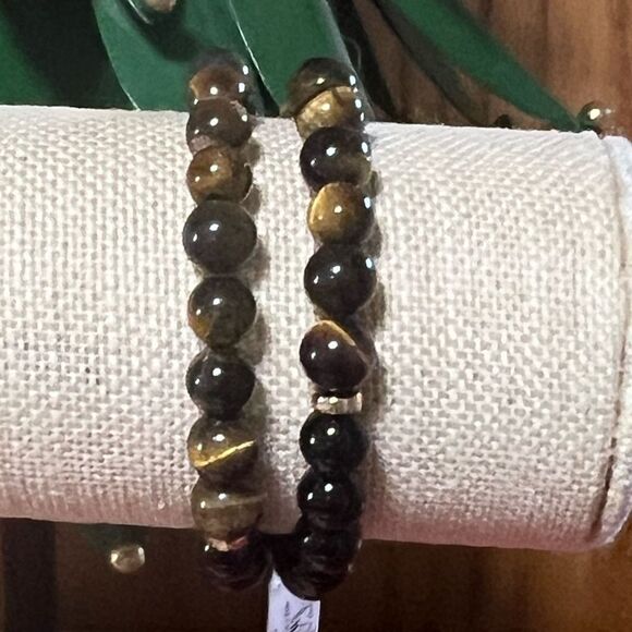 NWT Tiger's Eye and Black Bead 2 Stretch Bracelets #JW7 - Picture 4 of 8